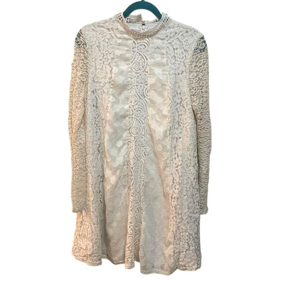 HD In Paris Dress Womens Medium White Lace Long Sleeve High Neck Shift Party - Picture 2 of 8